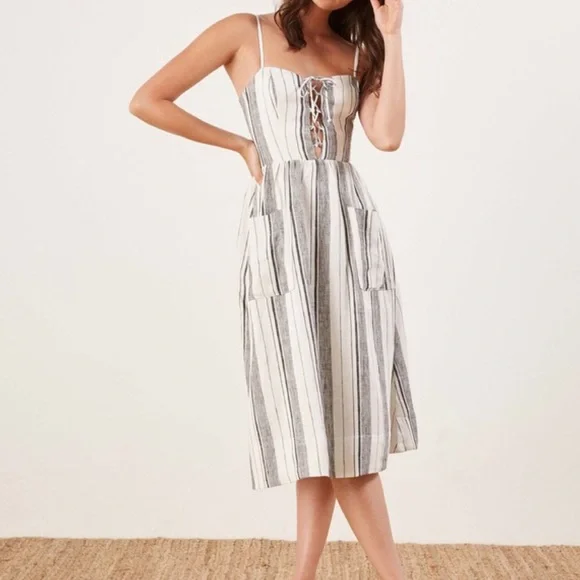 Perfect Linen Reformation Ellen Striped Lace-Up Midi Dress Feminine Flattering - Picture 3 of 6